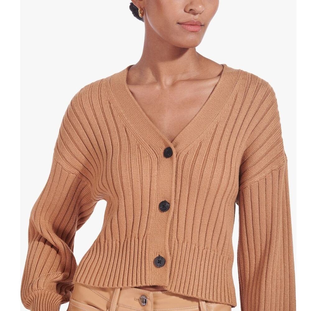 STAUD (XL) Eloise Cardigan Camel Ribbed Knit Cropped Boxy Chunky Sweater